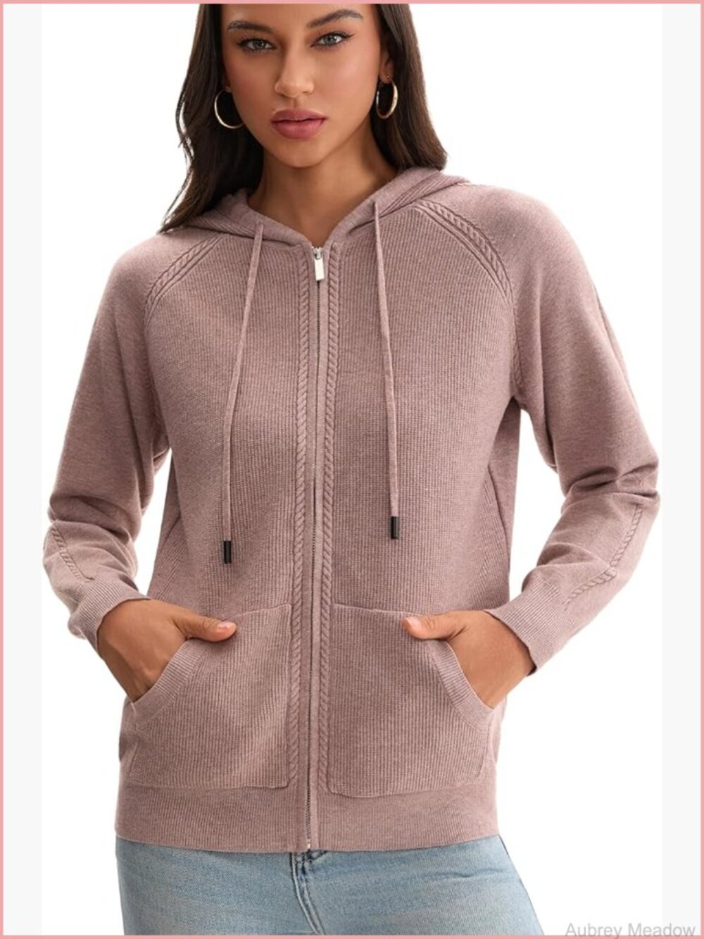 Zip Up Knit Hoodie Sweater Cardigan Jacket with Pockets Loose Fit